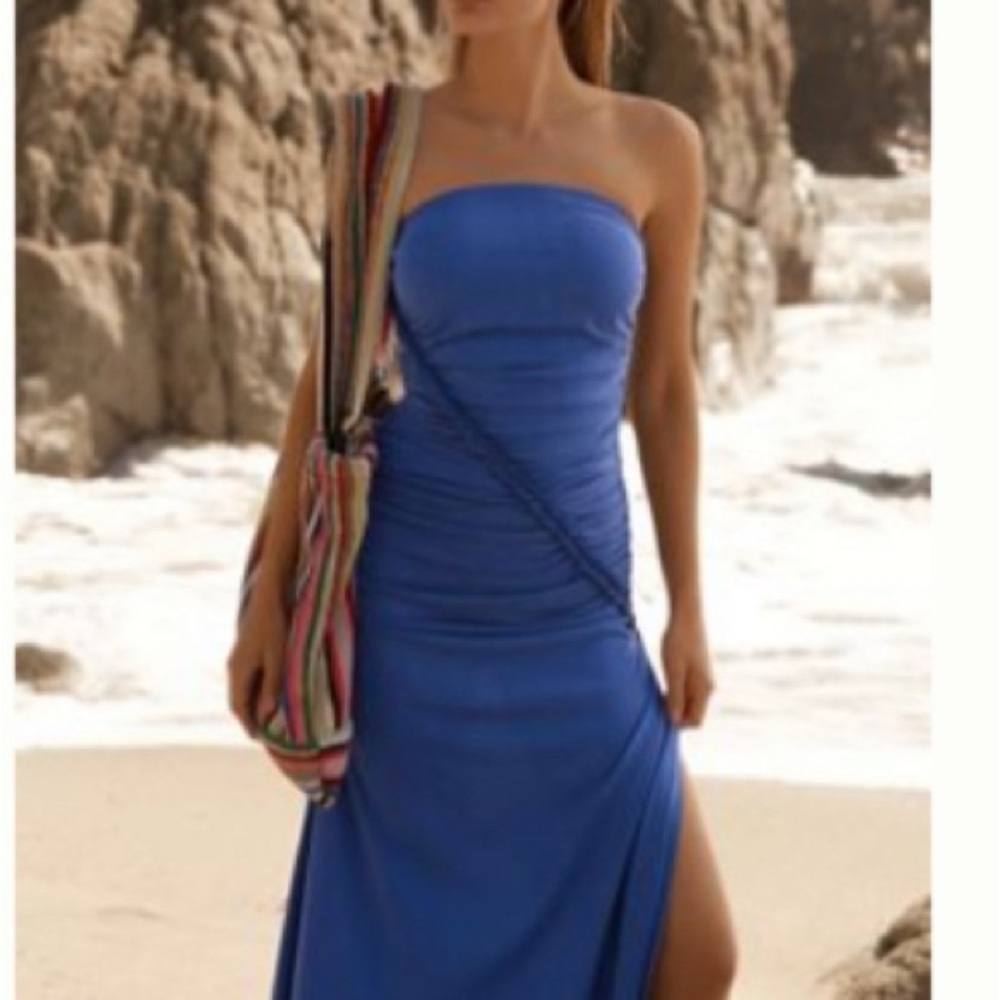 Anthropologie ruched  Blue Strapless  maxi Dress